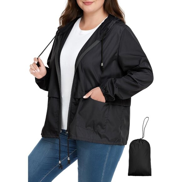 Plus Size Waterproof Rain Jacket Women's Lightweight Packable Windbreaker - Picture 1 of 6